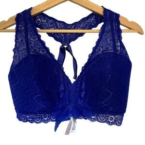 Hips & Curves royal blue lace overlay racerback padded bra women's size small